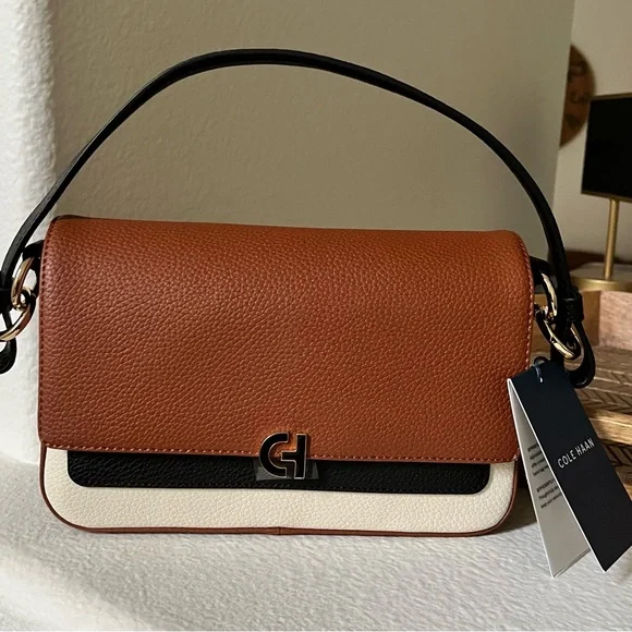 NEW Cole Haan Brown and Cream Leather Shoulder Bag w/long strap and dust bag - Picture 6 of 10